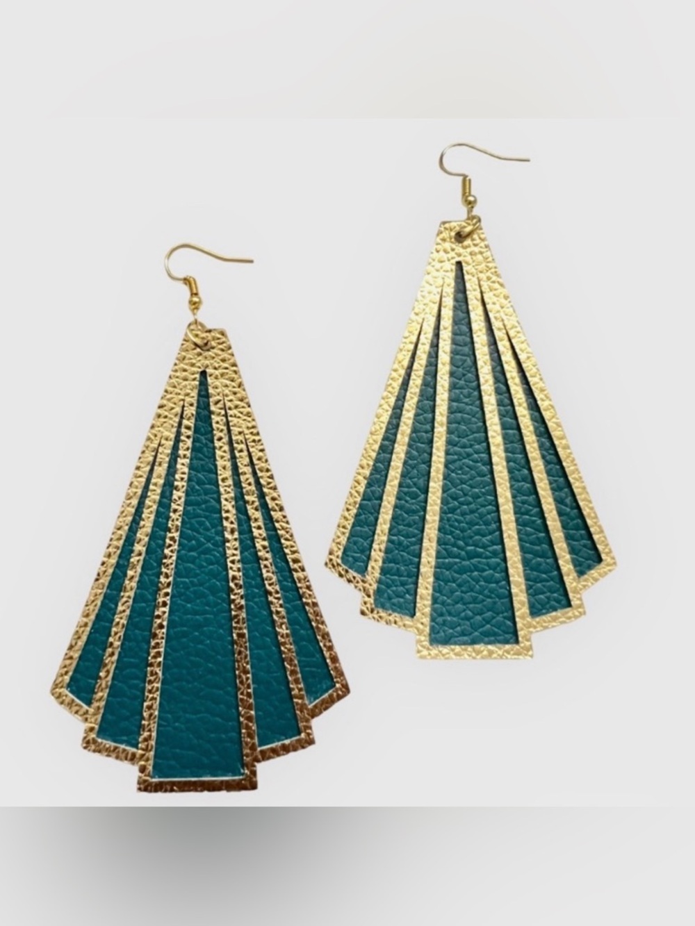 NEW Art Deco Gold & Teal Faux Leather Earrings